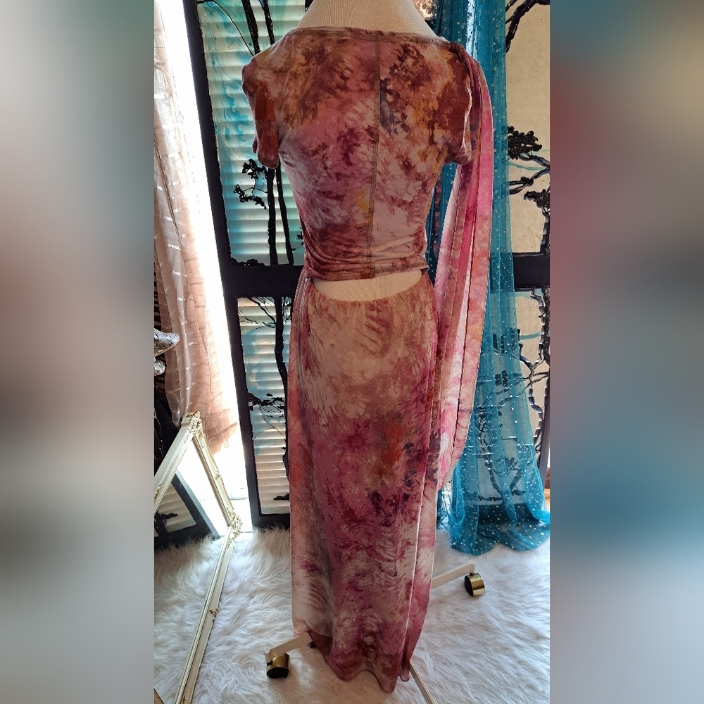 Rachael Roy Multi Layer Floral Floor length Dress. Tie Die Design Cut out back. - Picture 12 of 15